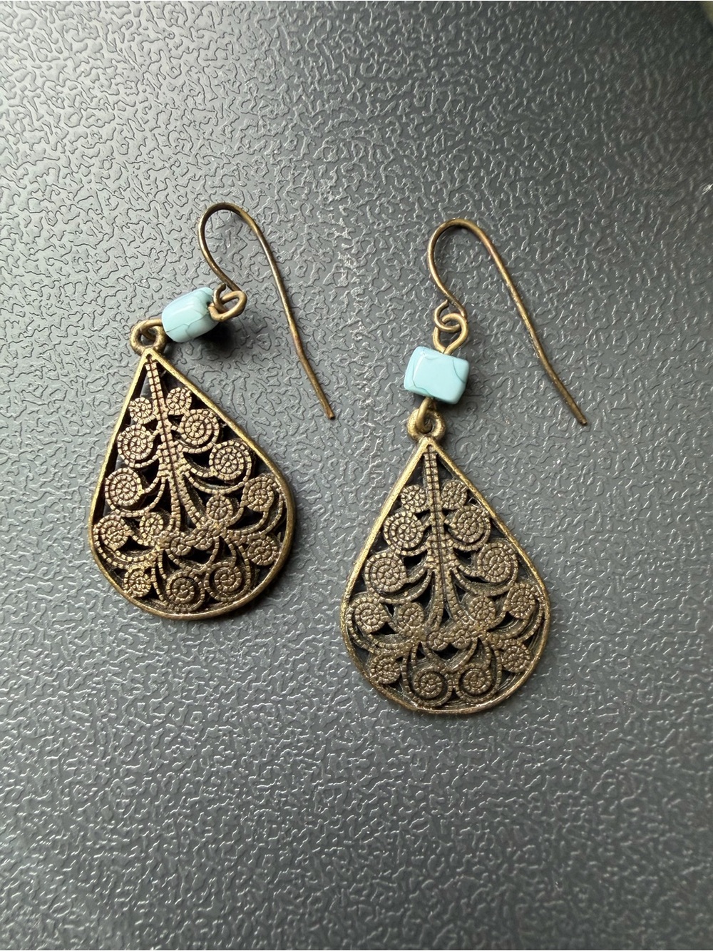 Filigree Teardrop Dangle Earrings with Light Blue Bead